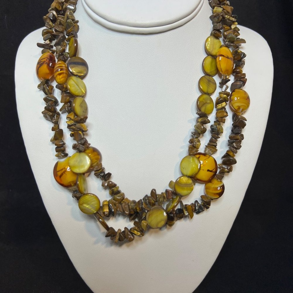 Triple Strand Gold Tone Tigers Eye And Glass Beaded Necklace (3743)